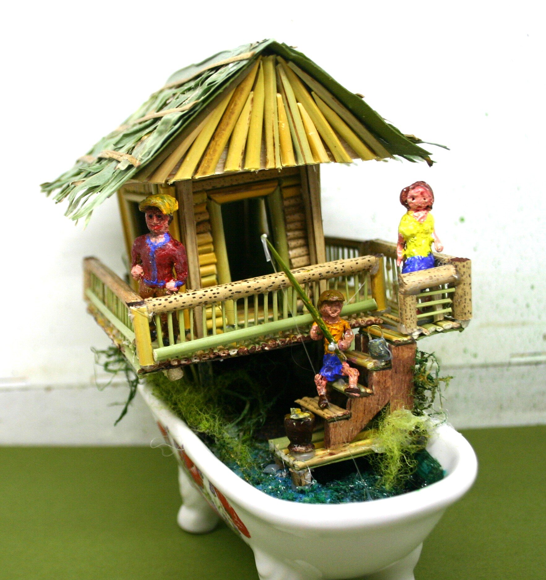 Final scene with stairs, water effects, fishing rod, bucket, and even a fish